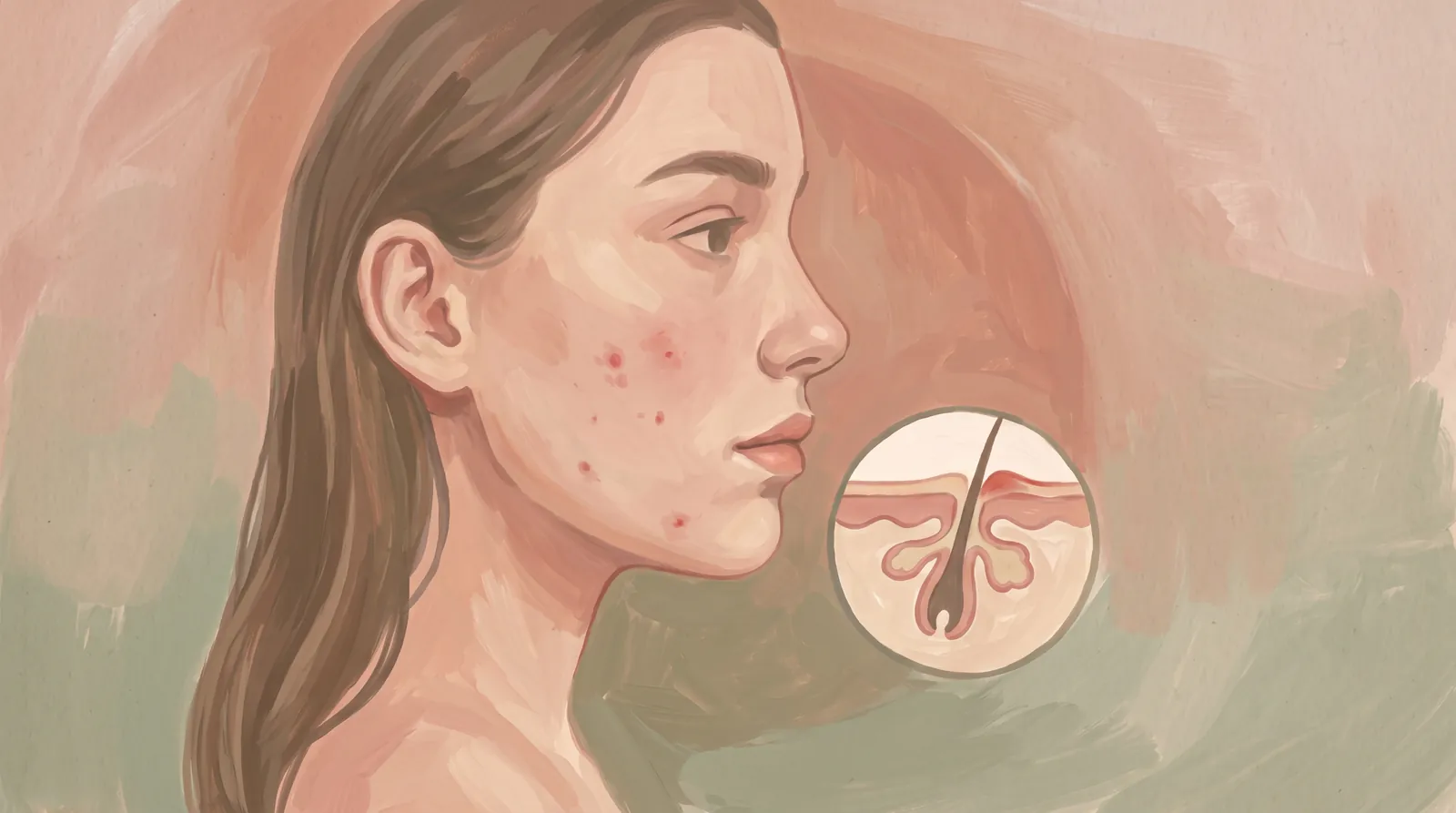 Illustration of a man with a few small blemishes, a round mirror, a salicylic acid bottle, and a cotton pad on a bathroom counter.