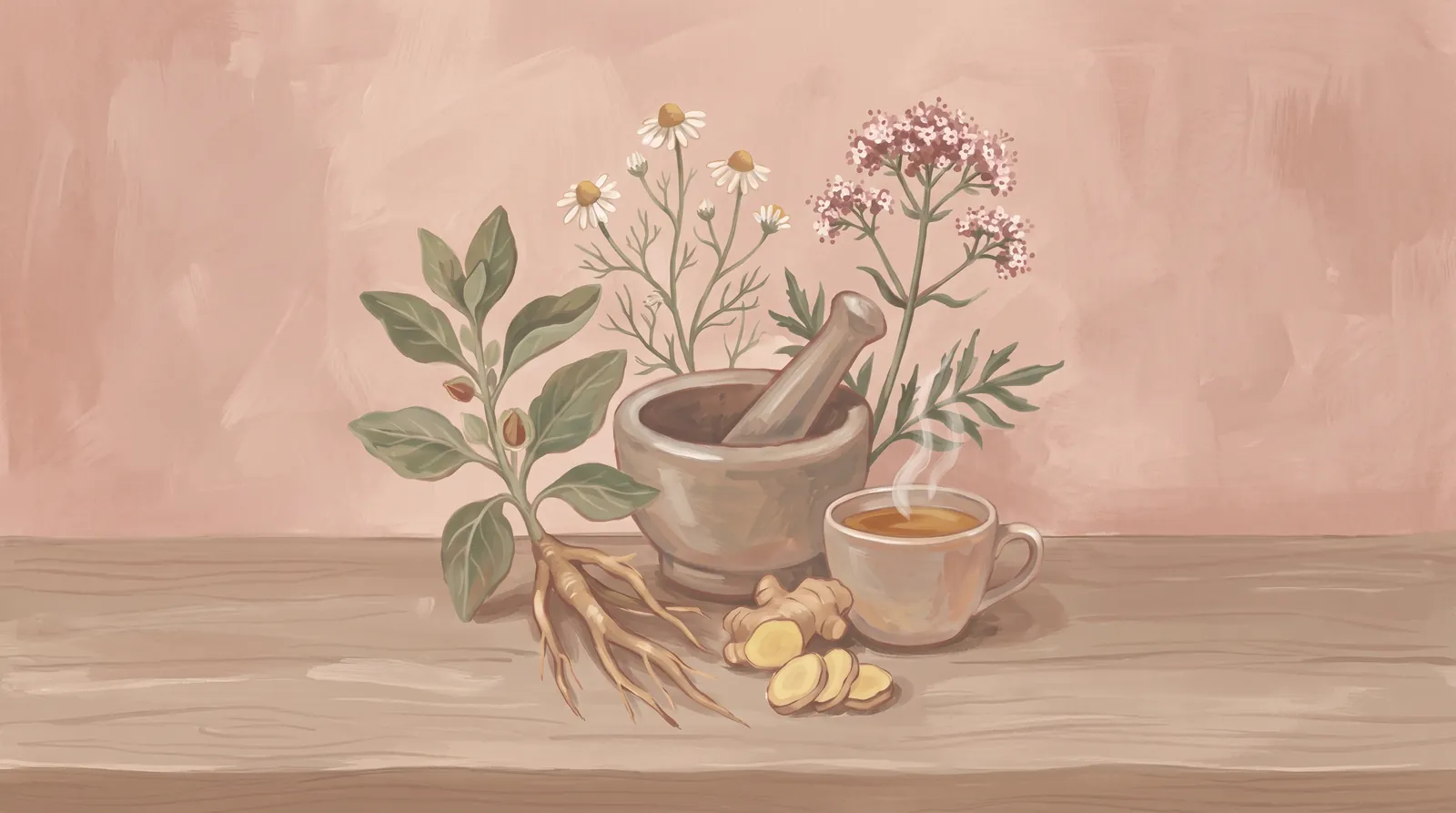 Illustration of a wooden table with a bowl of dried herbs, roots, seeds, and a small bowl of powder.