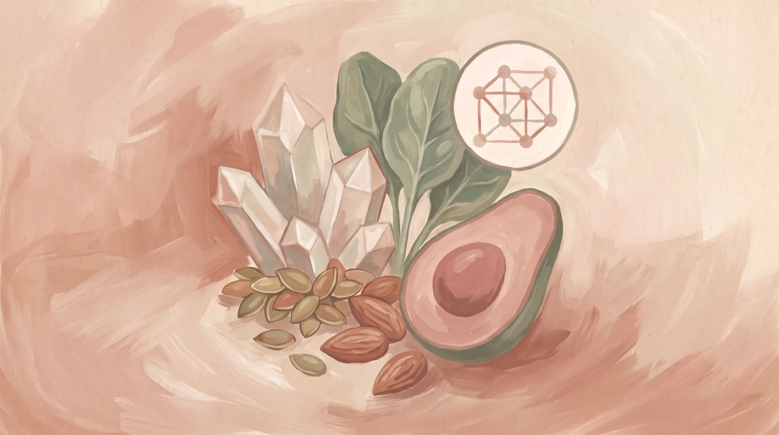 Illustration of a magnesium bottle, a glass of water, and a small dish of capsules on a wooden nightstand.