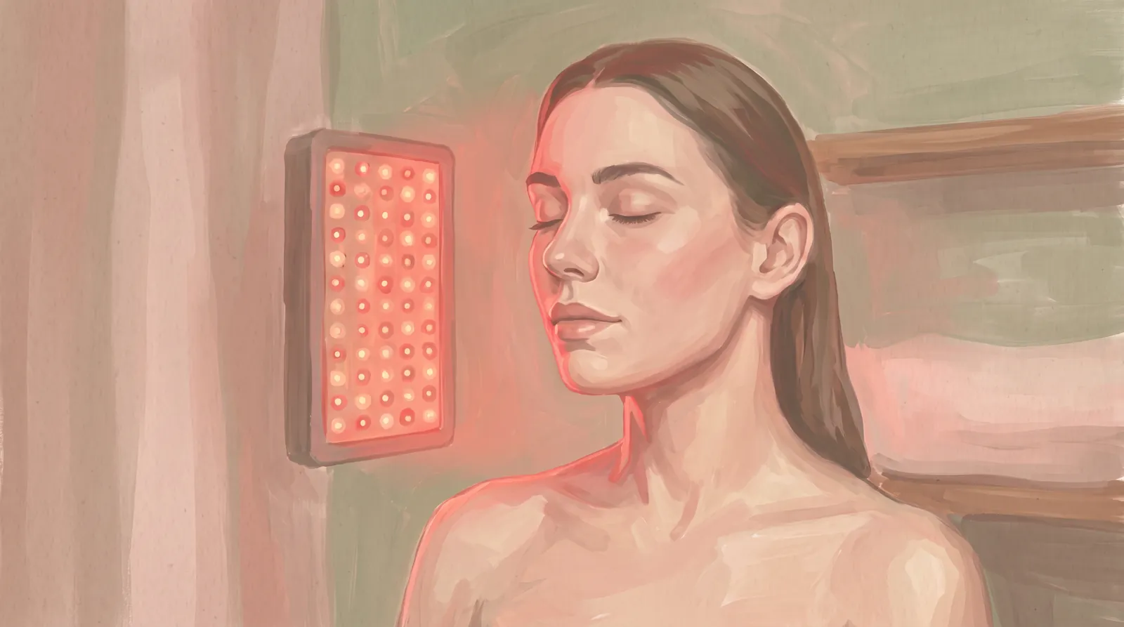 Illustration of a woman wearing a glowing red LED face mask, with a red light therapy panel behind her.