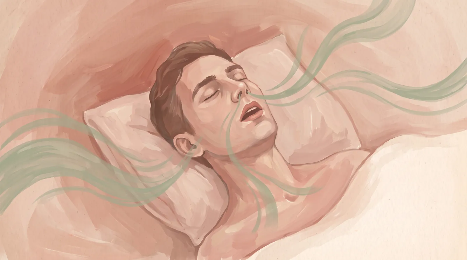 Illustration of a man asleep on his back, with a box of nasal strips on the nightstand and a partner turned away.