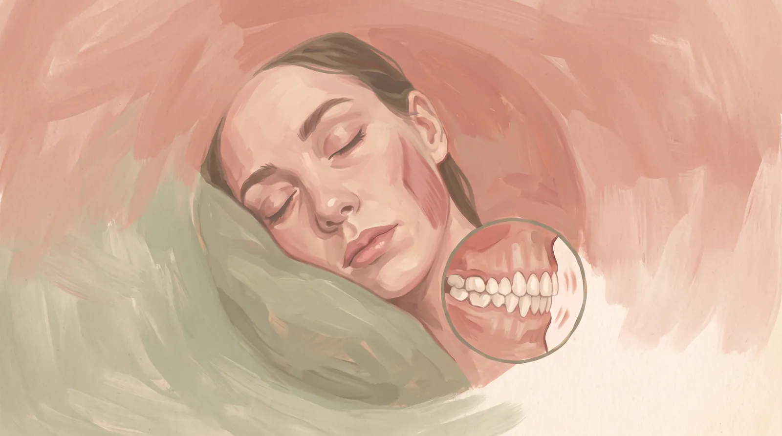 Illustration of a woman asleep with a tense jaw, and a dental night guard in its case on the nightstand.